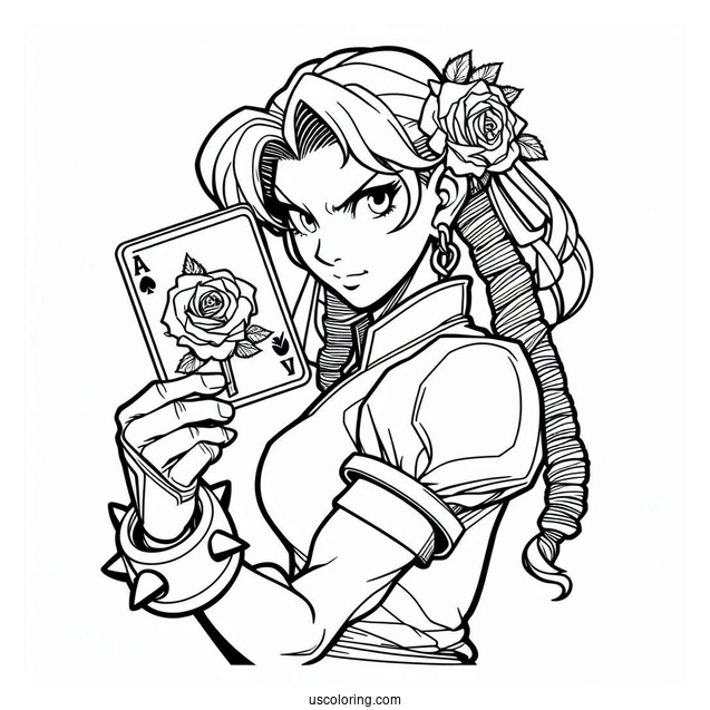 Street Fighter Coloring Page Of Rose Holding Up A Card