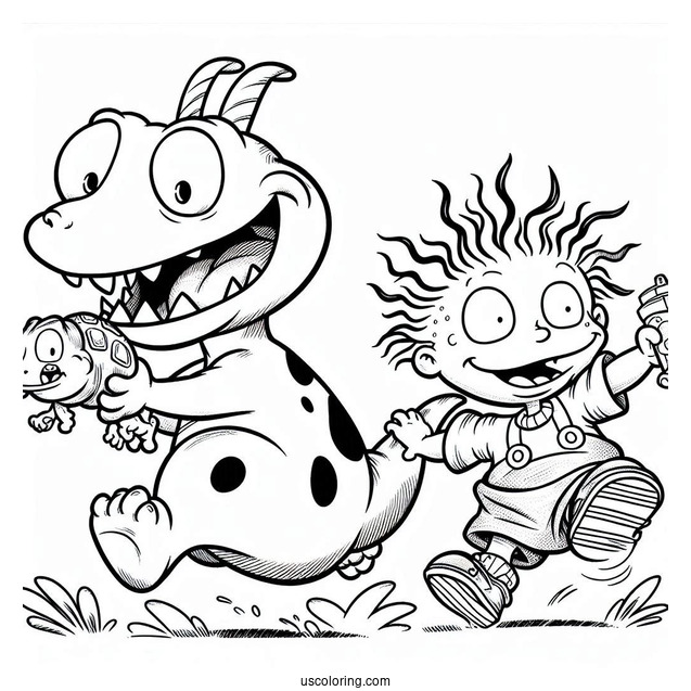 Rugrats Coloring Page Of Reptar Chasing Chuckie And Tommy Rugrats For Kids
