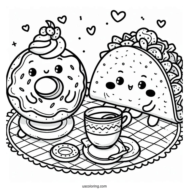 Pretty Donut And Taco Having A Tea Party Coloring Sheet