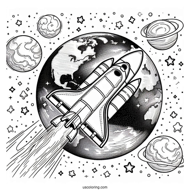 Easy Coloring Page Of NASA Space Shuttle Around Earth