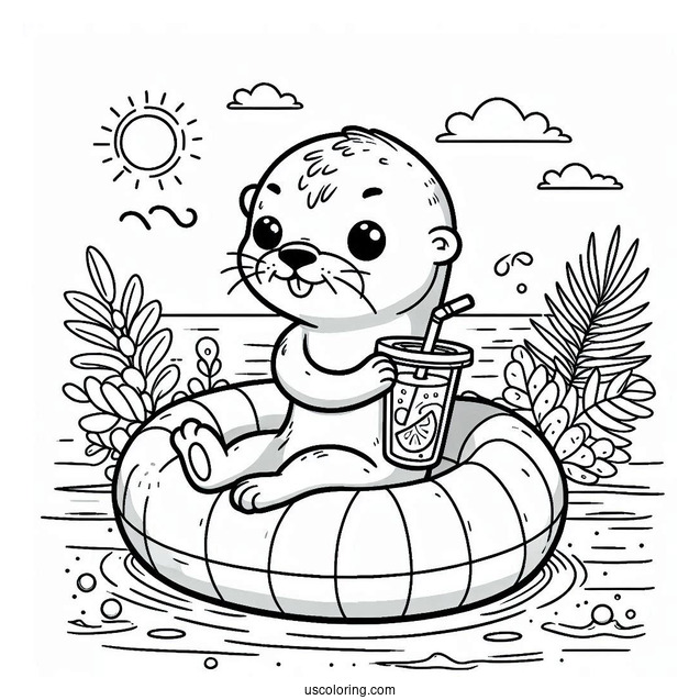 Cute Otter Coloring Page In Floater Drinking Iced Tea At Beach