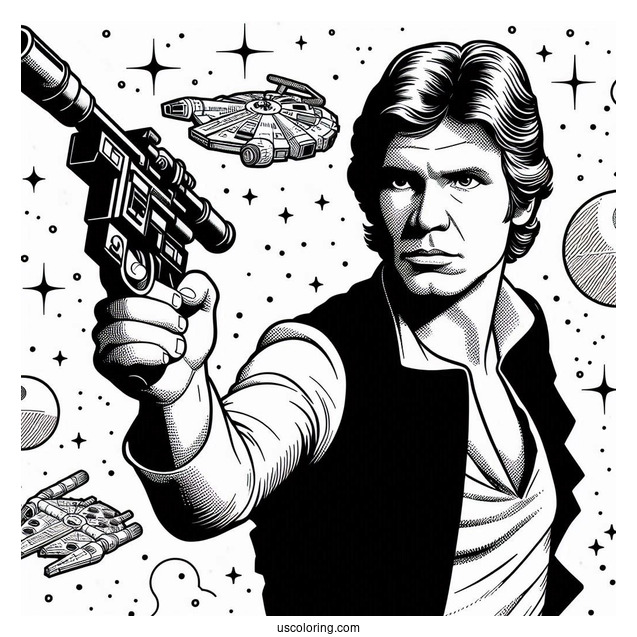 Han Solo Shooting Blaster Pistol Coloring Sheet