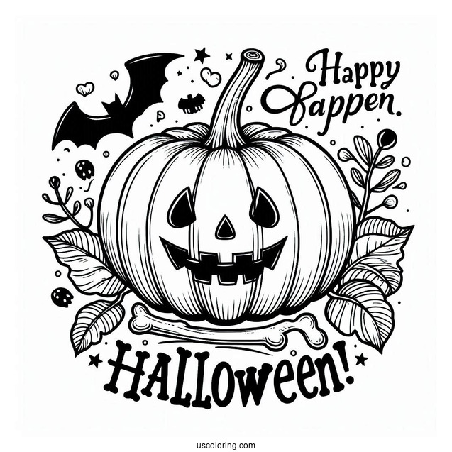 Pumpkin Coloring Page With Happy Halloween In Bones To Color