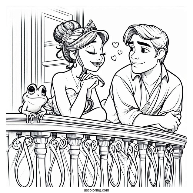 Tiana, Ray, And Frog Prince Naveen On Balcony Coloring In