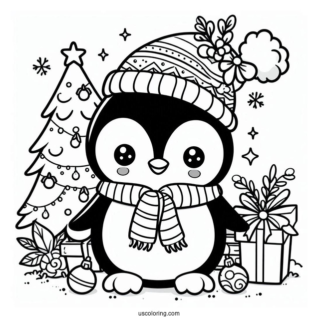 Cute Christmas Penguin With Decorations Coloring