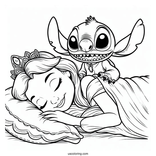 Sleeping Beauty Coloring Page Of Funny Stitch Scaring Princess Aurora