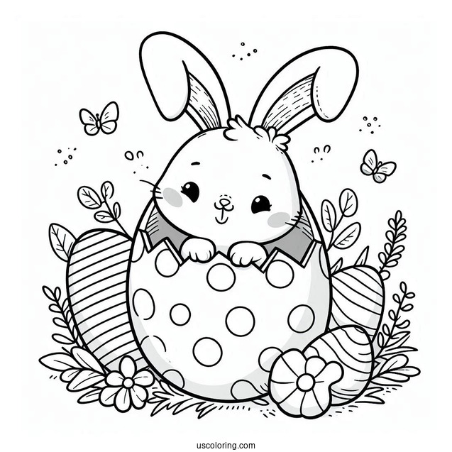 Easter Coloring Page Of Cute Easter Bunny Coming Out Of Egg