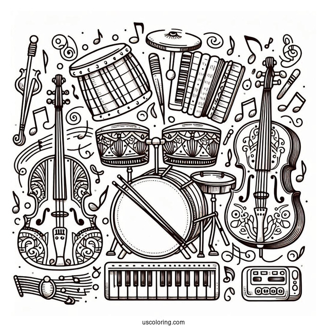 Music Coloring Page Of Drum, Guitar, Violin, Tambourine, And Piano