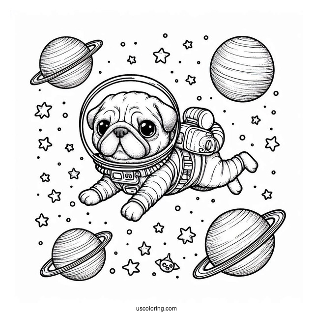 Astronaut Pug Coloring Page Floating in Outer Space