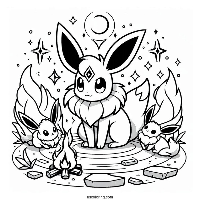 Sylveon Coloring Page With Other Eevee Evolutions Around Bonfire