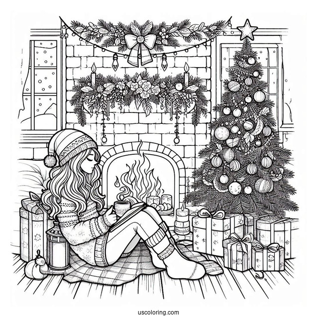 Christmas Coloring Pages For Adults Of Woman Sitting Beside The Fireplace With A Book On Christmas