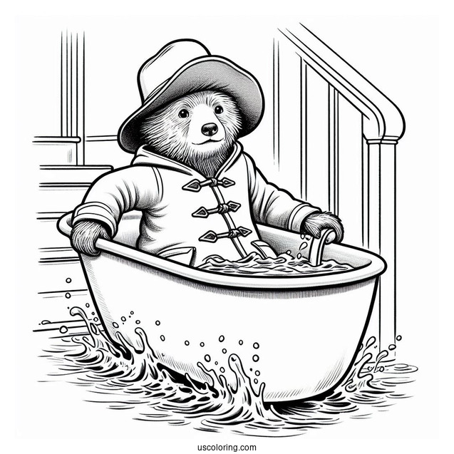 Paddington Coloring Page Riding Bathtub Down A Flooded Stairs