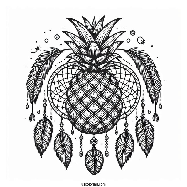 Pineapple Coloring Page Dreamcatcher With Mandala and Coconuts