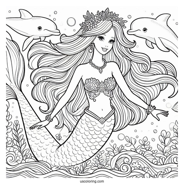 Mermaid Barbie Swimming With Dolphin To Color