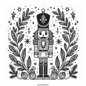 Nutcracker Coloring Page Guards With Laurels And Snowflakes In The Background
