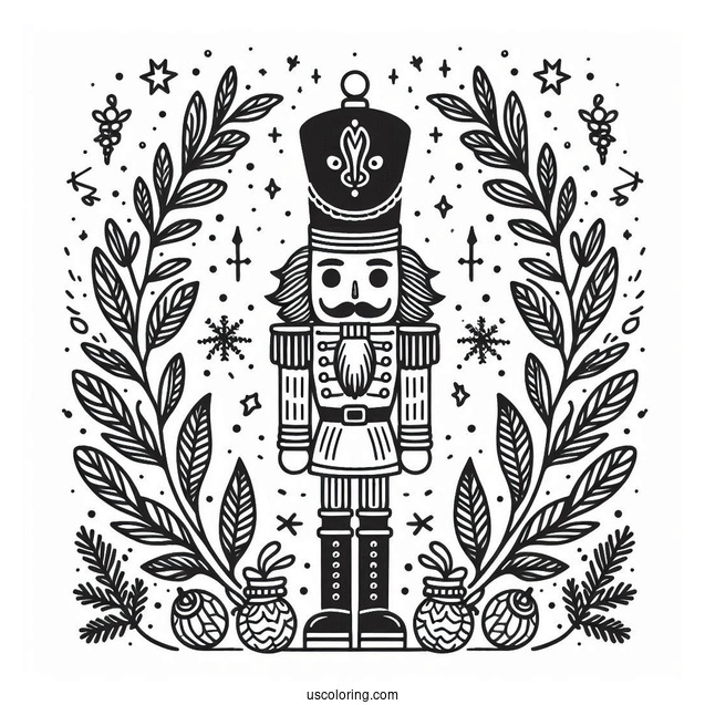 Nutcracker Coloring Page Guards With Laurels And Snowflakes In The Background