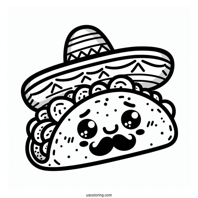 Kawaii Mexican Taco Coloring Page With Mustache