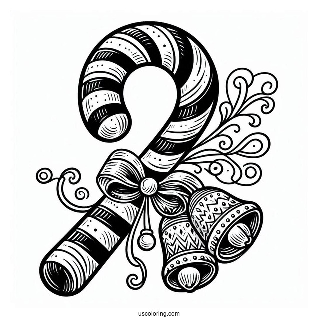 Christmas Candy Cane With Bells To Color