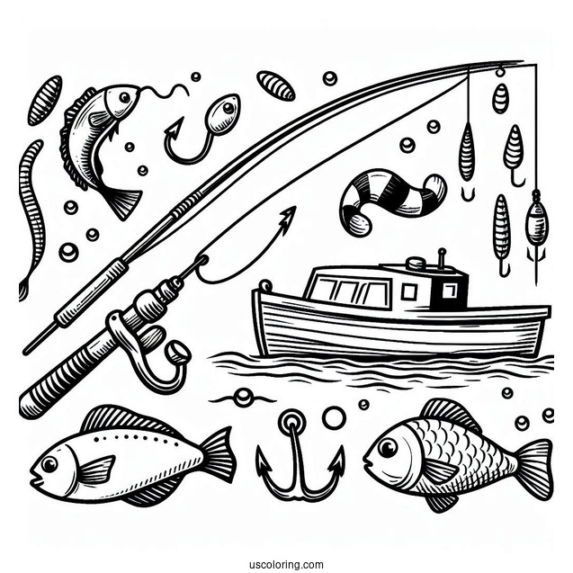 Fishing Coloring Page Rods, Bobber, Hook, Fishes, Worm, And Boat