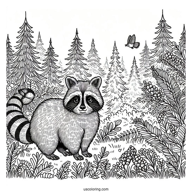 Adult Raccoon Coloring Page In A Forest