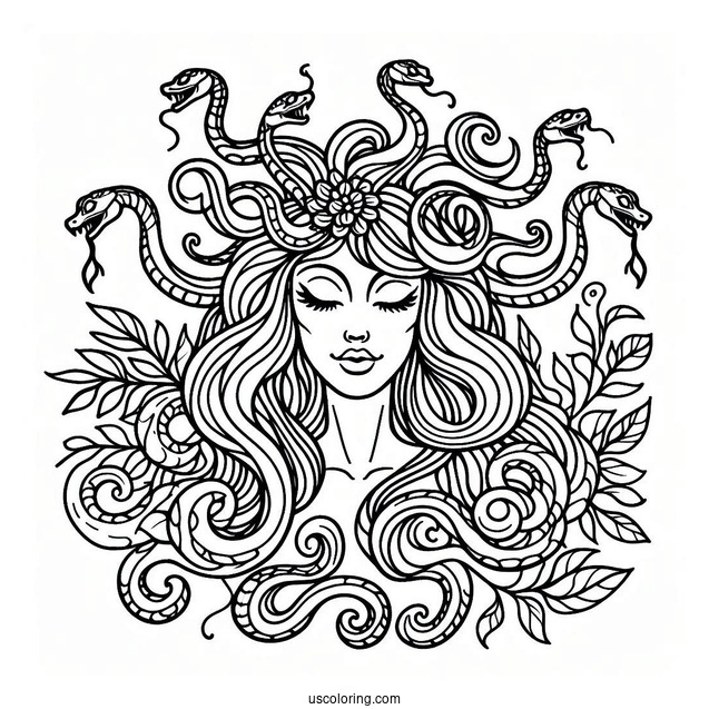 Pretty Medusa Coloring Page With Detailed Snakes