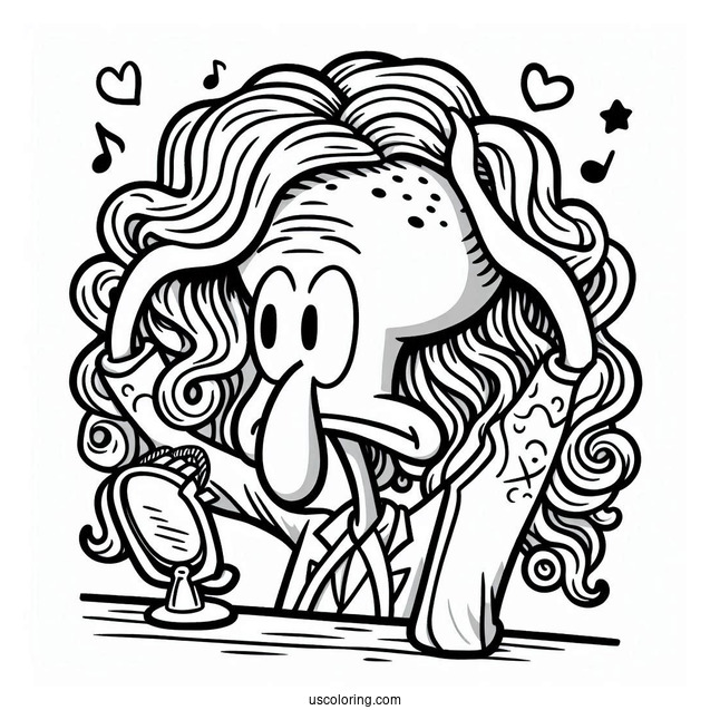 Squidward Coloring Page Putting On Wig