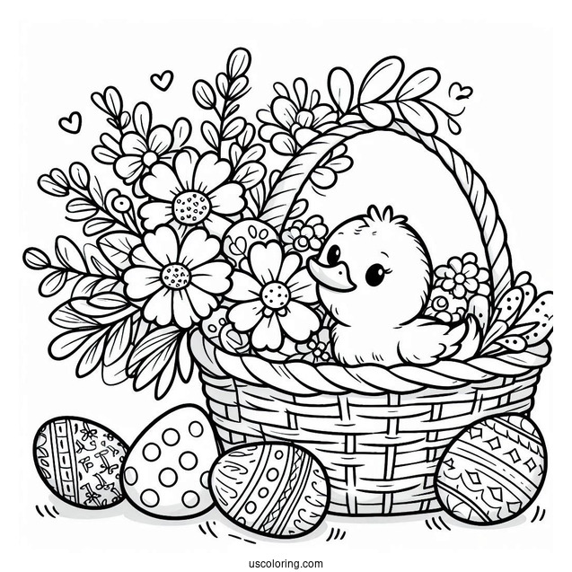 Easter Coloring Page Of Duck Inside Flower Basket With Easter Eggs