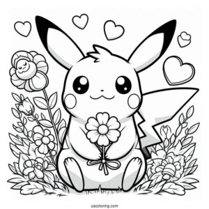 Pikachu Sitting On A Flower Field With A Father's Day Coloring Page Of Sign