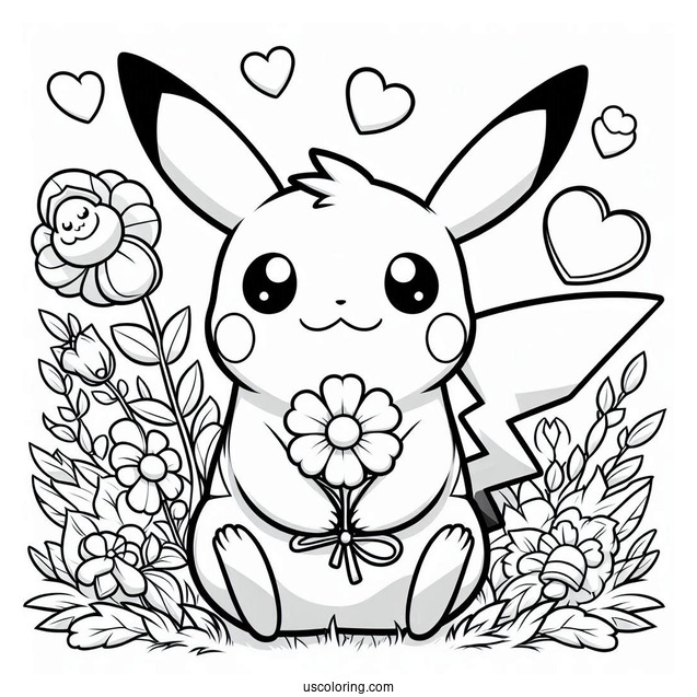 Pikachu Sitting On A Flower Field With A Father's Day Coloring Page Of Sign