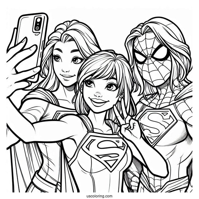 Spiderman, Superman, And Supergirl Coloring Page Taking A Selfie