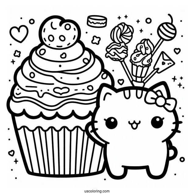 Hello Kitting Cupcake Coloring Page