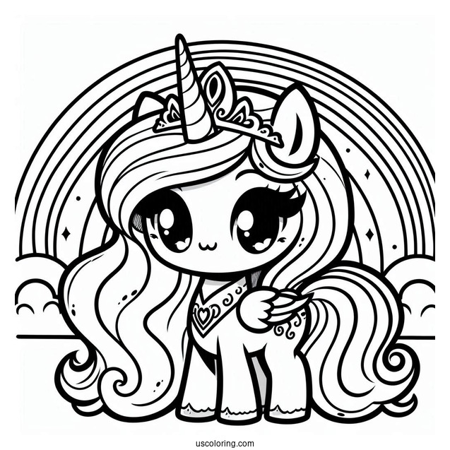 Cute Chibi Princess Celestia Coloring Page With Rainbow In The Background