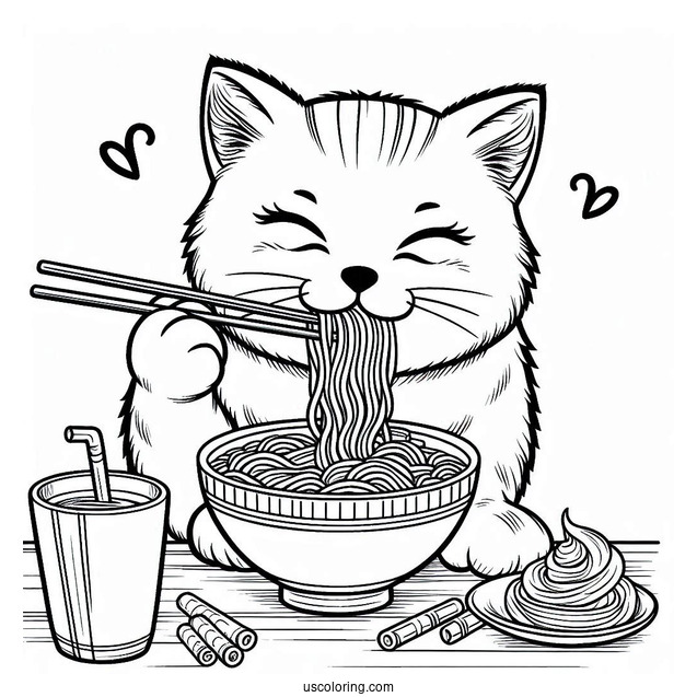 Cat Eating Ramen Coloring Page For Kids