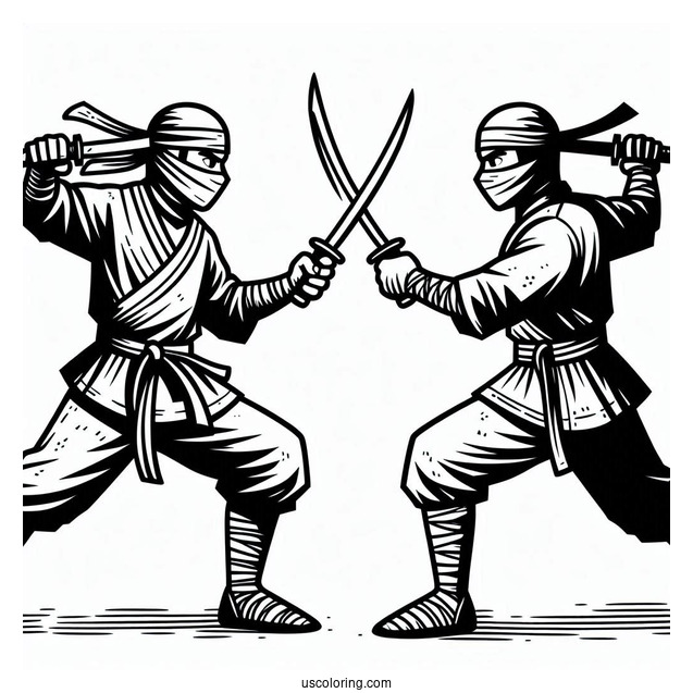 Easy Ninja With Swords In A Fight Coloring Page For Kids