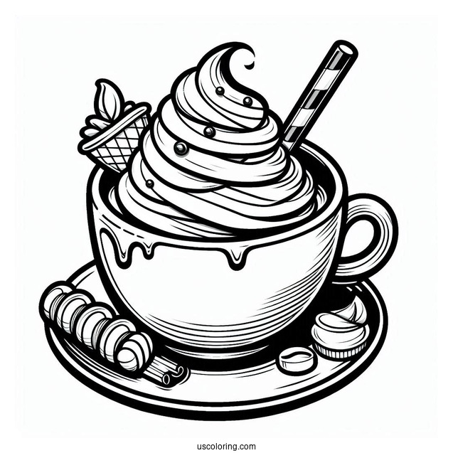 Coffee Coloring Pages With Whipped Cream And Syrup In Cute Cup