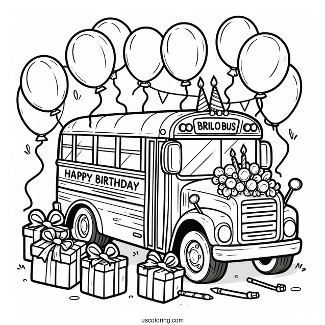 Happy Birthday School Bus Coloring Page With Balloons