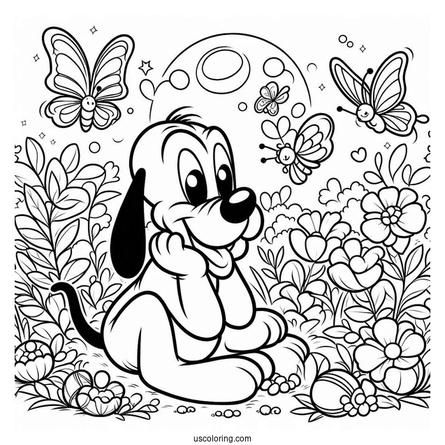 Pluto Coloring Page Sitting In Garden With Butterflies And Birds