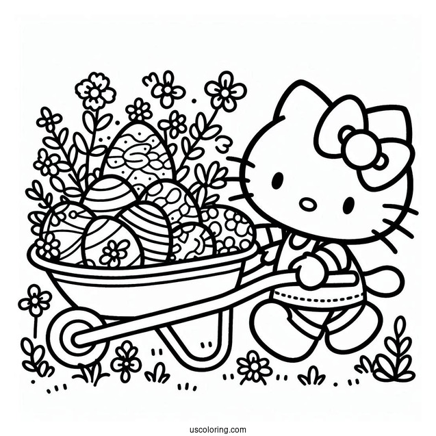 Easter Coloring Page Of Hello Kitty Pulling Wheelbarrow Filled With Easter Eggs For Kids