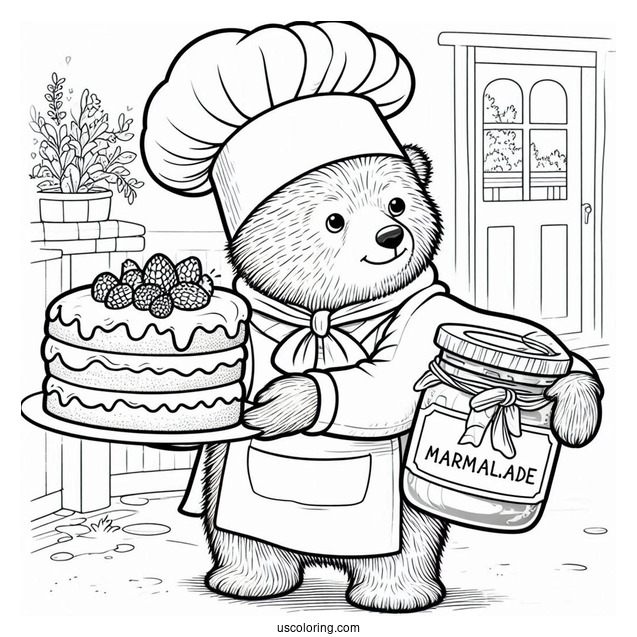 Chef Paddington Coloring Page Carrying A Cake And A Jar Of Marmalade