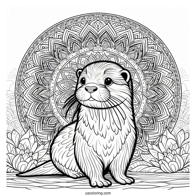 Adult Otter Coloring Page Standing In Front Of Mandala