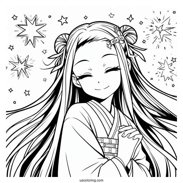 Nezuko Coloring Page In The Air With Stars