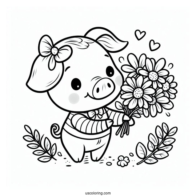 Easy Piglet Coloring Page Holding Flowers For Kids