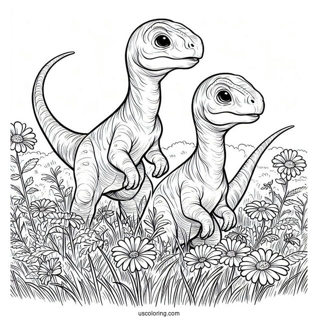 Two Young Parasaurolophus Coloring Page On A Field