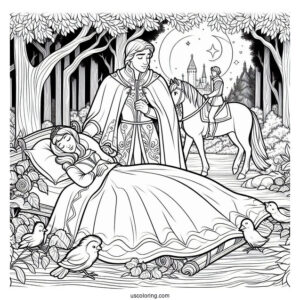 Sleeping Beauty Coloring Page Of Prince Philip Watching Aurora With The Animals In The Forest