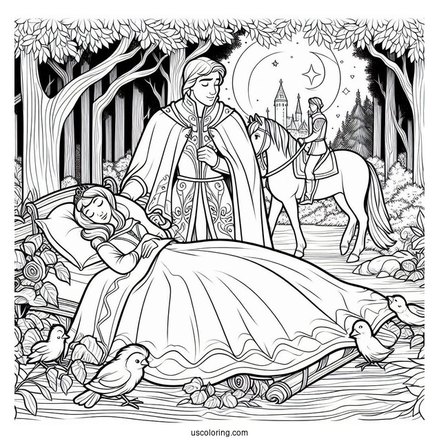 Sleeping Beauty Coloring Page Of Prince Philip Watching Aurora With The Animals In The Forest