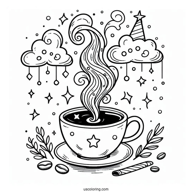Magical Coffee Coloring Pages Of Cup With Clouds And Stars