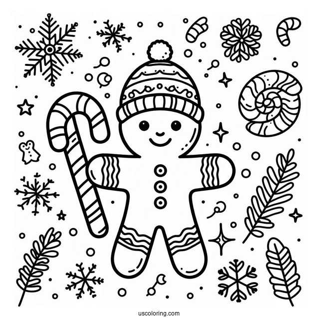 Gingerbread Man With Candy Cane Coloring Page For Preschoolers