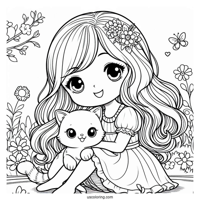 Cute Coloring Page Of Pretty Girl Playing With A Cat