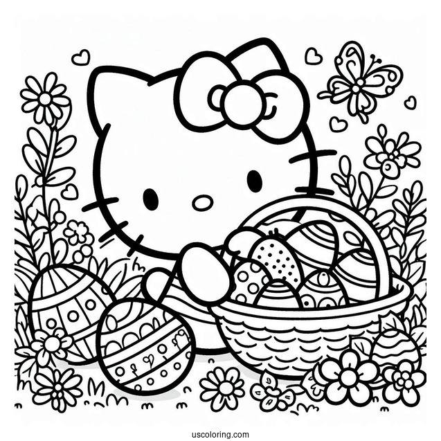 Hello Kitty Collecting Eggs Easter Coloring Page For Kids