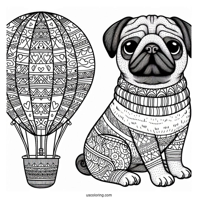Pug Coloring Page in Patterned Hot Air Balloon for Kids